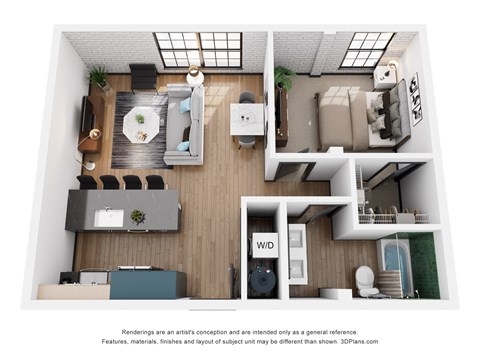 A 3D floor plan of a house with a kitchen, living room, and bathroom.